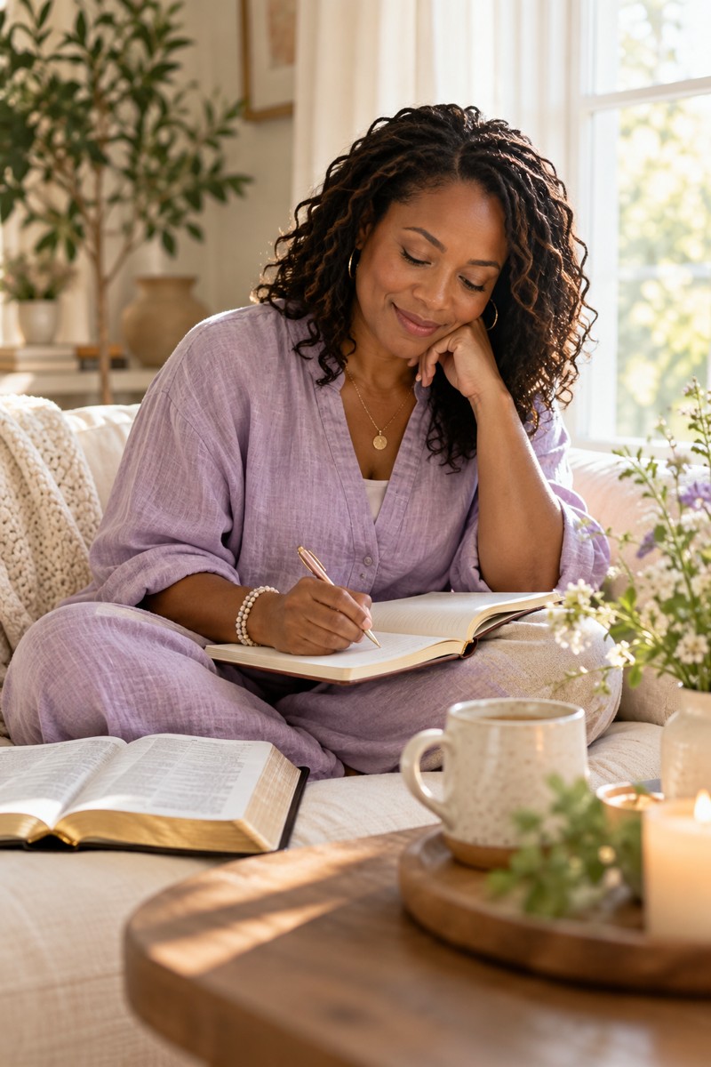 A woman taking a quiet moment to journal beside an open Bible